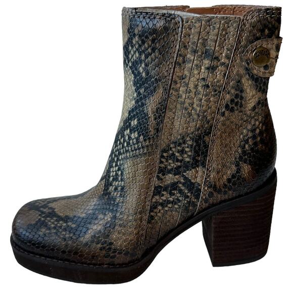 Zodiac Boots Phoenix Snakeskin Black Tan Square Toe Ankle Boot Women's Size 5M - Picture 1 of 11